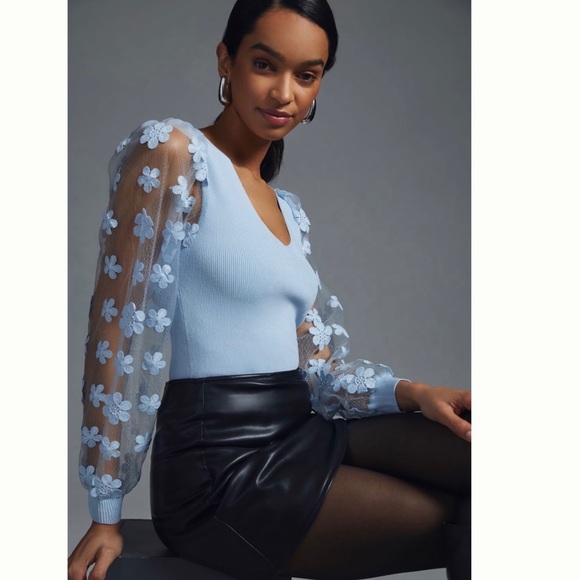 Anthropologie Sweaters - Anthropologie DOLAN Sheer-Sleeve Appliqué Sweater size 1X